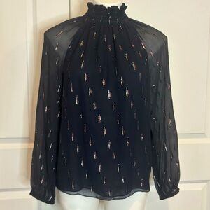 Rebecca Taylor Navy Metallic Smocked Neck Long Sleeve Crepe Silk Blouse 8